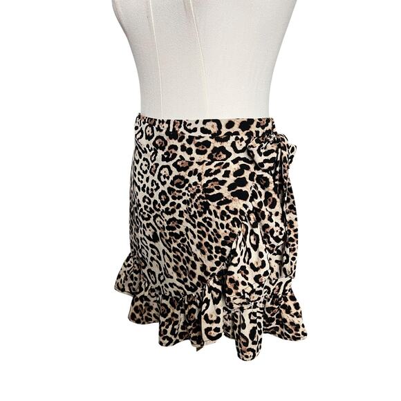 Forever 21 Wrap Mini Skirt Womens Small Brown Leopard Ruffle Hem Tie Boho Summer - Picture 2 of 8